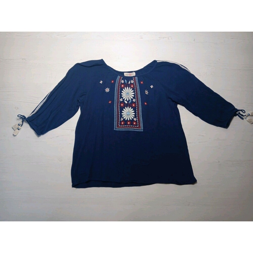 Kandy Kiss Girls' Embroidered Floral Blue Peasant Top XL Tassels Loose Comfort